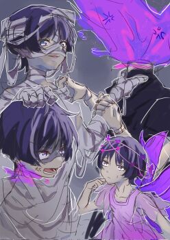 3boys alternate_costume alternate_species anger_vein annoyed bandage_on_face bandaged_arm bandaged_head bandaged_neck bandaged_torso bandages black_bodysuit black_sleeves blunt_ends bodysuit closed_mouth disembodied_head doll_joints dress dullahan eyeliner eyeshadow fairy_wings fire genshin_impact grey_background halloween hand_on_own_chin highres holding_detached_head joints looking_at_another looking_at_viewer lower_teeth_only makeup multiple_boys multiple_persona mummy_costume neck_grab open_mouth pink_pupils purinigax purple_dress purple_eyes purple_fire purple_hair purple_sleeves purple_wings red_eyeliner red_eyeshadow sanpaku scaramouche_(genshin_impact) scaramouche_(kabukimono)_(genshin_impact) see-through_clothes see-through_sleeves shaded_face short_sleeves sketch smirk sweatdrop teeth wanderer_(genshin_impact) wings wispy_bangs