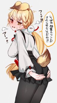 1girl alice_thymefield angry animal_ears ass belt black_pantyhose blonde_hair blush braid braided_bangs breasts covering_ass covering_privates cowboy_shot embarrassed from_behind full-face_blush gel_(nukoleg) hair_ornament hands_on_own_hips heavy_breathing heterochromia high-waist_skirt highres large_breasts long_sleeves looking_at_viewer orange_eyes pantyhose rabbit_ears rabbit_girl rabbit_tail shirt shoulder_strap skirt skirt_tug speech_bubble sphere_hair_ornament tail twintails white_background white_shirt yellow_eyes zenless_zone_zero