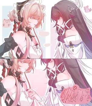angry bare_shoulders bird black_collar black_hair black_ribbon blue_eyes bonnet bow breasts brown_hair cat closed_eyes collar collarbone columbina_(genshin_impact) commentary detached_sleeves dregs dress female_pervert genshin_impact grabbing_another's_hair hair_ornament head_wings holding_another's_hair long_hair long_sleeves multicolored_hair open_mouth pervert pink_eyes ribbon sandrone_(genshin_impact) short_hair_with_long_locks speech_bubble white_ribbon wings wrist_ribbon yuri
