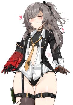 1girl black_panties blush commentary_request cowboy_shot flat_chest girls&#039;_frontline girls&#039;_frontline_2:_exilium gluteal_fold grey_hair hair_ribbon high_side_ponytail highres hururu_(vldptmxk1054) korean_commentary leva_(girls&#039;_frontline_2) long_hair looking_at_viewer mechanical_arms navel necktie one_eye_closed orange_eyes panties partially_unbuttoned ribbon scar scar_across_eye scar_on_face single_mechanical_arm skindentation smile solo thigh_strap thighhighs thighs torn_clothes torn_thighhighs ump45_(girls&#039;_frontline) underwear yellow_necktie