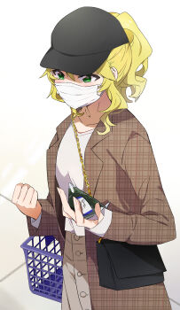 1girl absurdres bag basket black_hat blonde_hair brown_coat brown_skirt coat food green_eyes hair_between_eyes handbag hat highres holding holding_basket holding_food hoshii_miki idolmaster idolmaster_(classic) katsu_(kana) long_sleeves mask mouth_mask open_clothes open_coat plaid_clothes plaid_coat ponytail shirt skirt solo standing surgical_mask white_background white_shirt