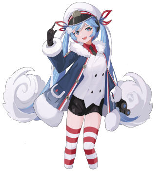 Rule 34 | 1girl, absurdres, aqua hair, binoculars, black coat, black gloves, black necktie, black shorts, coat, commentary request, fur-trimmed coat, fur-trimmed sleeves, fur trim, gloves, gradient hair, grey eyes, hair ribbon, hat, hatsune miku, highres, holding, holding binoculars, jacket, ke'ai qu qu, long hair, long sleeves, looking at viewer, multicolored hair, necktie, official alternate costume, official alternate hairstyle, open mouth, rabbit, rabbit yukine, red hair, red ribbon, red shirt, ribbon, sailor hat, shirt, short shorts, shorts, simple background, smile, striped clothes, striped thighhighs, thick thighs, thighhighs, thighs, twintails, very long hair, vocaloid, white background, white hair, white jacket, yuki miku, yuki miku (2022)
