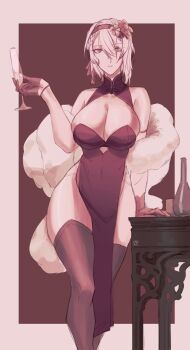 1girl alcohol armband armpit_crease breasts collar cup dangodes dress drinking_glass feet_out_of_frame flower glass gloves hair_flower hair_ornament hand_on_table headband highres holding holding_cup large_breasts leaning_to_the_side limited_palette looking_at_viewer medium_hair navel original simple_background sleeveless solo table teeth thick_thighs thighhighs thighs wide_hips wine wine_glass