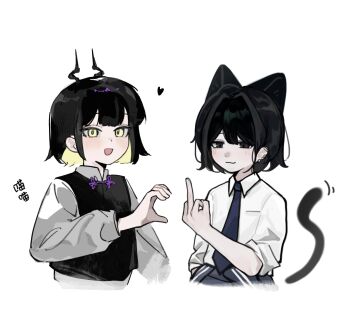 1boy 1girl :3 :d animal_ears artist_self-insert bbocsean black_hair cat_ears cat_tail ear_piercing half-heart_hands heart_hands_failure highres horns huang_qianrong middle_finger necktie open_mouth original piercing shirt smile tail white_background white_shirt