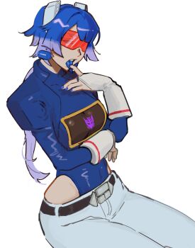 1girl absurdres blue_hair blue_leotard blue_nails blue_tongue breasts bridal_gauntlets clothing_cutout colored_tips colored_tongue covered_navel cowboy_shot decepticon finger_to_mouth finger_to_tongue genderswap genderswap_(mtf) gloves half-closed_eyes hand_up highres hip_vent humanization juliet_sleeves leotard liowig long_sleeves looking_at_viewer low_ponytail multicolored_hair open_mouth pants ponytail puffy_sleeves red-tinted_eyewear red_visor robot_ears short_hair_with_long_locks solo soundwave_(transformers) sunglasses teeth tinted_eyewear tongue tongue_out transformers two-tone_hair upper_teeth_only white_gloves white_pants