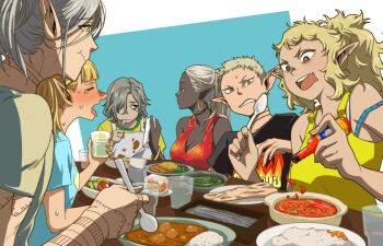 Rule 34 | 2boys, 4girls, 71 (nanaichi drafting), alternate species, bags under eyes, blonde hair, breasts, choker, cithis, dark-skinned female, dark skin, dungeon meshi, elf, fleki, grey hair, long hair, lycion, medium breasts, mithrun, multiple boys, multiple girls, notched ear, otta (dungeon meshi), pattadol, pointy ears, short hair