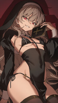 1girl bible_(object) bikini bikini_under_clothes black_bikini black_dress black_thighhighs black_veil book breasts brown_hair clothing_cutout coif covered_navel cowboy_shot cross dress guchico hand_up highres holding holding_book long_hair long_sleeves looking_at_viewer nun original pelvic_curtain red_background red_eyes side-tie_bikini_bottom simple_background small_breasts swimsuit thighhighs thighs veil