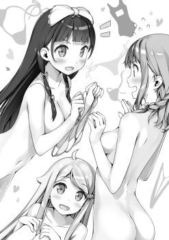 3girls absurdres ass blush bow braid breasts completely_nude convenient_censoring greyscale hair_bow hands_on_own_knees highres holding holding_bikini holding_bikini_top holding_swimsuit holding_unworn_clothes imouto_sae_ireba_ii kani_nayuta kantoku long_hair medium_breasts mikuniyama_kaiko monochrome multiple_girls novel_illustration nude nudist official_art shirakawa_miyako sweatdrop swimsuit unworn_swimsuit
