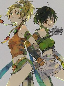 Rule 34 | 2girls, @ @, back-to-back, blonde hair, braid, brown eyes, commentary request, crop top, final fantasy, final fantasy vii, final fantasy x, forehead protector, goggles, goggles around neck, green eyes, grey background, in-franchise crossover, licking lips, locked arms, mckrs, multiple girls, rikku (ff10), short shorts, shorts, simple background, sleeveless, sleeveless turtleneck, thighs, tongue, tongue out, trait connection, turtleneck, yuffie kisaragi