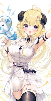 Rule 34 | 1girl, :d, absurdres, ahoge, animal ears, arm up, armpits, belt, black thighhighs, blonde hair, blush, breasts, commentary request, curled horns, dress, hair ornament, hairclip, highres, holding, holding megaphone, hololive, horns, large breasts, long hair, looking at viewer, megaphone, narrow waist, neru5, o-ring, o-ring thigh strap, official alternate costume, official alternate hairstyle, open mouth, overskirt, ponytail, purple eyes, see-through overskirt, sheep ears, sheep girl, sheep horns, short dress, short sleeves, smile, solo, thick thighs, thigh strap, thighhighs, thighs, tsunomaki watame, tsunomaki watame (watame night fever!!), very long hair, virtual youtuber, white belt, white dress, zettai ryouiki