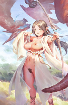 1girl bad_link bigrbear blue_sky bow_(weapon) bracelet breasts brown_hair brown_pubic_hair day dragon earrings elf female_pubic_hair green_eyes highres holding holding_bow_(weapon) holding_weapon jewelry large_breasts long_hair nipples original outdoors pointy_ears pubic_hair sky smile solo standing weapon