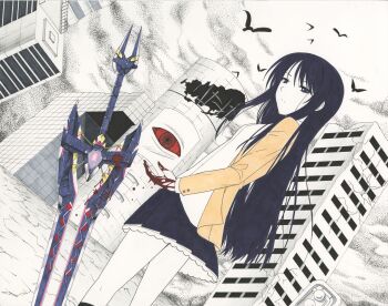 1girl absurdres aoi_sena blood blood_drip blood_on_hands bloody_weapon chaos;head d-sword dutch_angle expressionless highres long_hair looking_at_viewer looking_back miniskirt pleated_skirt purple_hair school_uniform science_adventure shibuya_(tokyo) skirt soaringoak solo suimei_academy_school_uniform tokyo_(city) weapon