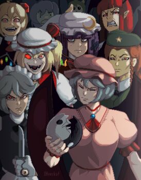 6+girls ascot bat_wings beret blonde_hair blue_hair blunt_bangs braid brooch chinese_clothes cirno clenched_teeth closed_eyes commentary crazy_smile crescent crescent_hat_ornament crescent_pin crystal crystal_wings daiyousei dress english_commentary evil_grin evil_smile flandre_scarlet frown glowing glowing_eye green_hat green_vest grey_hair grin group_picture group_profile hair_ornament hat hat_ornament hat_ribbon head_wings holding holding_knife hong_meiling invincible_(series) izayoi_sakuya jewelry knife koakuma lineup maid maid_headdress manlification meme mob_cap multicolored_wings multiple_girls one_side_up orb patchouli_knowledge pink_dress pink_hat pixel_art profile puffy_short_sleeves puffy_sleeves purple_eyes purple_hair red_ascot red_eyes red_hair red_vest remilia_scarlet ribbon rumia scarlet_devil_mansion serious short_sleeves signature smile solid_circle_eyes star_(symbol) star_hat_ornament teeth touhou twin_braids upper_body vest vexkaf viltrumite_group_shot_(meme) white_hat wings wrist_cuffs yellow_ascot yin_yang yin_yang_orb