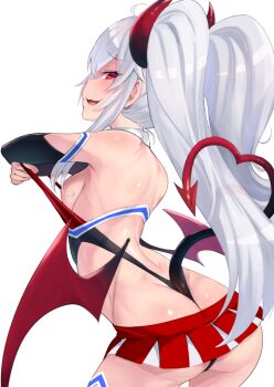1girl ass breasts demon_girl demon_horns female_focus gradient_horns grim_aloe horns long_hair looking_at_viewer low_wings medium_breasts microskirt miniskirt multicolored_horns naughty_face p_answer quiz_magic_academy red_eyes red_horns red_tail red_wings sideboob silver_hair skirt smile solo twintails wings