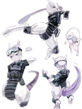 ... 1332486839 2others adjusting_clothes adjusting_gloves armor black_gloves body_armor breastplate bulletproof_vest clothed_pokemon colored_skin fingerless_gloves floating gen_1_pokemon gloves goggles goggles_on_head high_kick highres kicking knee_pads legendary_pokemon load_bearing_vest mew_(pokemon) mewtwo midair multiple_others multiple_views mythical_pokemon nintendo outstretched_arms pokemon pokemon_(creature) pokemon_focus police police_uniform purple_eyes purple_skin solo_focus spoken_ellipsis tactical_clothes turning_head utility_vest vest white_background