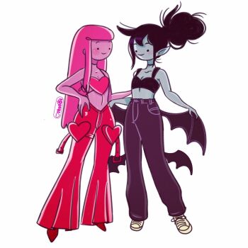 2girls adventure_time alternate_costume artist_logo black_hair colored_skin commentary full_body grey_skin hair_bun hand_on_own_hip highres logo long_hair marceline_abadeer multiple_girls pink_hair pink_skin pointy_ears princess_bonnibel_bubblegum single_hair_bun smile standing symbol-only_commentary very_long_hair viteloii white_background yuri