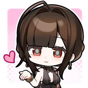 Rule 34 | +++, 1girl, artist request, black dress, breasts, brown hair, chibi, chibi only, cleavage, dress, dsr-50 (girls' frontline), evening gown, girls' frontline, girls' frontline 2: exilium, hair intakes, heart, loreley (girls' frontline 2), lowres, official art, red eyes, second-party source, solo
