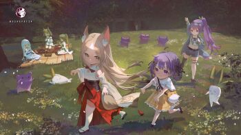 Rule 34 | 6+girls, abroccoli, absurdres, aged down, animal ears, artist logo, artist name, braid, braided hair rings, brown eyes, brown hair, character request, crop top, denim, denim jacket, denim shorts, detached sleeves, dress, earendel (jishenkong jihua), fox ears, grass, green dress, green hair, grey eyes, hair rings, hakama, highres, indie virtual youtuber, jacket, japanese clothes, jishenkong jihua, logo, long hair, multiple girls, navel, orange skirt, otsuka ray, outdoors, picnic, ponytail, purple eyes, purple hair, red hakama, reika (otsuka ray), shirt, shorts, skirt, virtual youtuber, white dress, white hair, white shirt