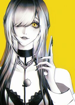 1girl absurdres asymmetrical_bangs bags_under_eyes bare_shoulders cellphone chinese_commentary collarbone commentary eleven_(path_to_nowhere) greyscale greyscale_with_colored_background hair_over_one_eye head_tilt highres holding holding_phone looking_at_viewer mole mole_under_eye monochrome nail_polish one_eye_covered pale_skin parted_lips path_to_nowhere phone portrait red-eye_effect smartphone smile solo spot_color straight-on straight_hair yellow_background yellow_eyes yu_zhezhe