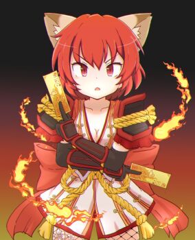 1girl animal_ear_fluff animal_ears armor back_bow black_background black_gloves blush bow breasts cat_ears cleavage commentary_request cowboy_shot elbow_gloves fire gloves gradient_background japanese_armor japanese_clothes kimono kote looking_at_viewer medium_breasts medium_hair ninja oboro_(ragnarok_online) oekakomi open_mouth orange_background ragnarok_online red_bow red_eyes red_hair shoulder_armor sode solo talisman v-shaped_eyebrows white_kimono