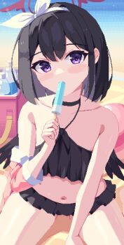 1girl animated animated_gif bare_shoulders bikini bikini_skirt black_bikini black_hair black_wings blinking blue_archive blush closed_eyes food food_in_mouth hairband halo holding holding_food holding_popsicle looking_at_viewer mashiro_(blue_archive) mashiro_(swimsuit)_(blue_archive) navel official_alternate_costume piao_mao pixel_art popsicle popsicle_in_mouth purple_eyes red_halo short_hair sitting solo swimsuit white_hairband wings