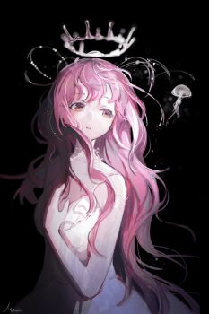 Rule 34 | 1girl, bare arms, bare shoulders, black background, brown eyes, chinese commentary, choker, commentary request, cowboy shot, crown, dot nose, dress, expressionless, eyelashes, floating crown, hand on own chest, highres, jellyfish, light particles, long hair, long sidelocks, looking to the side, mimu mimu, nikki (nikki), nikki (series), official alternate color, parted lips, pink crown, pink hair, see-through choker, shining nikki, sidelocks, signature, simple background, sleeveless, sleeveless dress, solo, spaghetti strap, very long hair, watcher of the depths (shining nikki), wavy hair, white choker, white dress