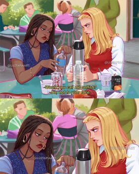 2girls artist_name blonde_hair bottle bracelet brown_hair can cher_horowitz clueless_(movie) dark-skinned_female dark_skin dionne_davenport dreadlocks drink_can earrings highres jewelry juice_box long_hair luztapiaart multiple_girls red_sweater_vest scene_reference shirt subtitled sweater_vest thermos very_dark_skin water_bottle watermark white_shirt