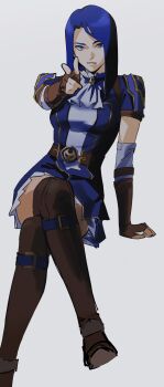 Rule 34 | 1girl, absurdres, arcane: league of legends, arcane caitlyn, ascot, belt, blue dress, blue eyes, blue hair, boots, breasts, brown belt, brown boots, brown gloves, caitlyn (league of legends), closed mouth, crossed legs, dress, feet out of frame, finger gun, fingerless gloves, gloves, highres, invisible chair, league of legends, long hair, looking at viewer, pointing, pointing at viewer, roru (lol dessin), shoulder pads, sitting, sketch, solo, straight hair, thigh boots, white ascot