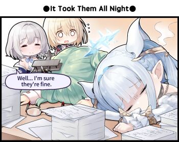 4girls azur_lane bataan_(azur_lane) blonde_hair blunt_bangs bois_belleau_(azur_lane) braid breasts chibi closed_eyes closed_mouth commentary english_commentary english_text flying_sweatdrops glasses green_hair grey_hair hair_between_eyes hair_intakes hair_ornament halo highres langley_(azur_lane) large_breasts long_hair long_sleeves medium_hair mole mole_under_eye multiple_girls official_art open_mouth paper_stack pointy_ears san_jacinto_(azur_lane) satogo shaded_face sideboob speech_bubble unworn_eyewear