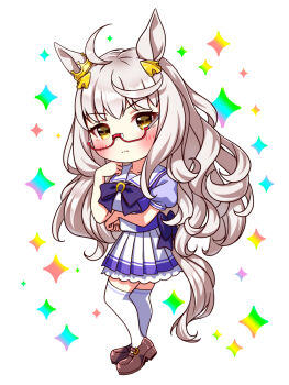 1girl ahoge animal_ears arm_under_breasts biwa_hayahide_(umamusume) blush bow bowtie breasts chibi chibi_only closed_mouth collarbone commentary_request full_body glasses grey_hair hair_between_eyes highres horse_ears horse_girl horse_tail large_breasts long_hair looking_at_viewer pleated_skirt puffy_short_sleeves puffy_sleeves purple_bow purple_bowtie purple_shirt red-framed_eyewear sailor_collar sailor_shirt school_uniform semi-rimless_eyewear shirt shoes short_sleeves skirt solo sugimotty_nova tail thighhighs tracen_school_uniform umamusume under-rim_eyewear white_sailor_collar white_skirt white_thighhighs yellow_eyes zettai_ryouiki
