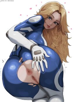 1girl aelion_draws anus artist_name ass bent_over blonde_hair blue_eyes bodysuit dark_anus eyelashes eyeshadow fantastic_four hand_on_own_ass heart highres kneeling lips long_hair looking_at_viewer looking_back makeup marvel marvel_rivals multicolored_bodysuit patreon_username pussy solo sue_storm torn_bodysuit torn_clothes two-tone_bodysuit uncensored