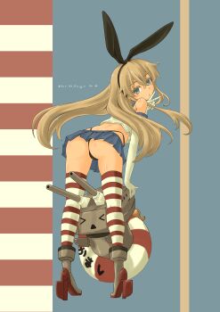 1girl absurdres ass blonde_hair boots commentary_request crop_top elbow_gloves expressionless g-string gloves green_eyes hairband high_heel_boots high_heels highres kantai_collection leaning_forward lifebuoy long_hair looking_at_viewer looking_back microskirt pot-de rensouhou-chan rudder_footwear sailor_collar shimakaze_(kancolle) short_sleeves skindentation skirt solo striped_clothes striped_thighhighs swim_ring thighhighs thighs thong v very_long_hair