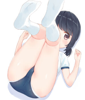 1girl ass black_hair blue_buruma brown_eyes buruma covered_mouth feet gym_uniform highres kneehighs kneepits knees_to_chest legs legs_up loli low_twintails lying makigai makino_yume on_back original panties panties_under_buruma panty_peek shirt short_hair short_sleeves short_twintails simple_background socks soles solo thighs twintails underwear white_background white_panties white_shirt white_socks