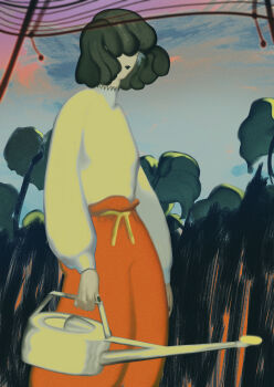 Rule 34 | 1girl, absurdres, alternate costume, arms at sides, closed mouth, commentary request, facing ahead, feet out of frame, green hair, green lips, hair over eyes, highres, holding, holding watering can, hotoke party, kazami yuuka, long sleeves, muted color, orange pants, outdoors, pants, puffy long sleeves, puffy sleeves, shirt, short hair, sky, solo, standing, touhou, tree, watering can, yellow shirt