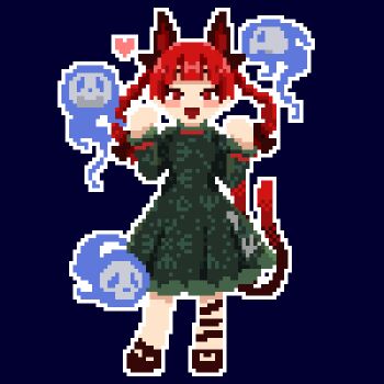 1girl :d animal_ears black_ribbon blue_background braid cat_ears cat_girl cat_tail commentary_request dress extra_ears full_body green_dress heart hitodama kaenbyou_rin leg_ribbon long_hair long_sleeves looking_at_viewer multiple_tails nokisakifuurin open_mouth outline pixel_art red_eyes red_hair ribbon side_braids simple_background skull smile solo tail touhou twin_braids two_tails variant_set white_outline