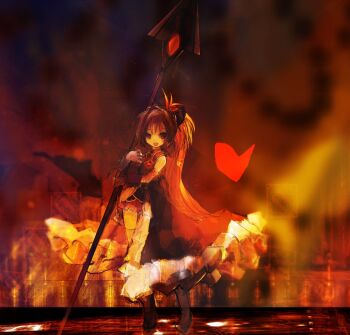 86thunder ahoge black_bow bow dress frilled_dress frills full_body hair_bow heart highres holding holding_polearm holding_weapon long_hair looking_at_viewer mahou_shoujo_madoka_magica open_mouth polearm red_dress red_eyes red_hair sakura_kyoko sakura_kyoko_(magical_girl) single_bare_shoulder sleeveless sleeveless_dress spear weapon