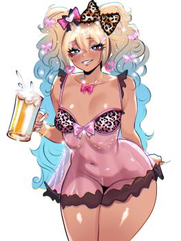 1girl absurdres adramallih alternate_costume alternate_hair_color alternate_hairstyle animal_print bangle bare_arms bare_legs bare_shoulders beer_mug blonde_hair blue_eyes blue_hair blush bow bracelet breasts commentary cowboy_shot cup dark-skinned_female dark_skin english_commentary face_piercing gradient_hair gyaru hair_between_eyes hair_bow hair_ornament hairclip hatsune_miku highres holding holding_cup jewelry leaning_forward lip_piercing looking_at_viewer makeup mug multicolored_hair navel necklace parted_lips piercing pink_bow print_bow see-through_clothes shiny_skin simple_background small_breasts smile solo thighs vocaloid white_background