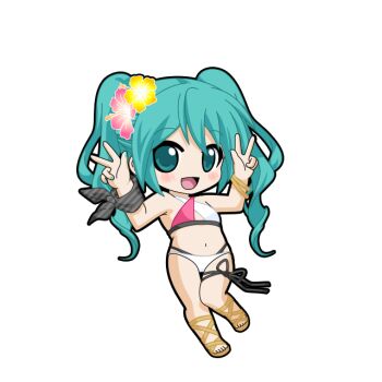 1girl :d aqua_eyes aqua_hair aqua_nails bandana bandana_around_arm bikini black_bandana black_outline black_ribbon blush bracelet chibi chibi_only criss-cross_halter cross-laced_sandals double_w flower full_body game_asset hair_flower hair_ornament halterneck hatsune_miku hatsune_miku_graphy_collection hibiscus jewelry leg_ribbon long_hair looking_at_viewer multi-strapped_bikini_bottom navel open_mouth outline pink_bikini ribbon smile solo stomach striped_bandana swimsuit transparent_background twintails vocaloid w white_bikini