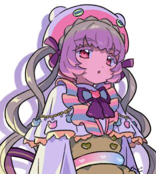 1girl :o bear_hat blonde_hair capelet commentary_request hair_ribbon hanitan hat highres long_hair looking_at_viewer multicolored_hair pink_eyes pretty_series purple_hair purple_ribbon quad_tails ribbon rituyama1 simple_background solo two-tone_hair upper_body waccha_primagi! white_background white_capelet white_hat