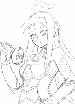 1girl armored_gloves blush breasts choker digimon digimon_(creature) dumbbell exercising female_focus gloves hand_on_own_hip headband highres hudiemon leotard long_hair looking_at_viewer medium_breasts monochrome open_mouth ph6xeivbgpimggg sketch solo solo_focus weightlifting