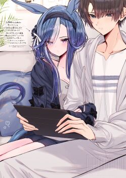 1boy 1girl absurdres admire_groove_(umamusume) alternate_costume animal_ears blue_hair breasts brown_hair commentary_request cuddling ear_covers hairband highres holding holding_tablet_pc horse_ears horse_girl long_sleeves mole mole_under_mouth multicolored_hair purple_eyes sitting tablet_pc tetora_(oudonoishiize) trainer_(umamusume) translation_request umamusume white_hair
