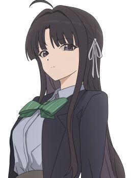 1girl ahoge awa_subaru black_hair black_jacket bow bowtie collared_shirt girls_band_cry green_bow green_bowtie hair_ribbon highres jacket long_hair n_nai_nai_n open_clothes open_jacket parted_bangs purple_eyes ribbon shirt sidelocks simple_background solo white_background white_ribbon white_shirt