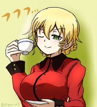 Rule 34 | 1girl, blonde hair, braid, breasts, coffee mug, commentary request, cup, drill hair, girls und panzer, girls und panzer little army, green eyes, haiiro purin, holding, holding cup, jacket, kilimanjaro (girls und panzer), large breasts, mug, one-hour drawing challenge, one eye closed, red jacket, short bangs, smile, west kureoji grona military uniform
