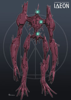 alternate_design artist_name character_name densetsu_kyojin_ideon english_text full_body glowing glowing_eyes gradient_background grey_background ideon long_arms mecha no_humans onomeshin photoshop_(medium) robot standing