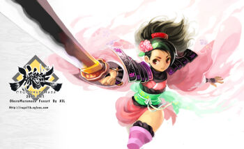 1girl armor brown_hair female_focus jairou japanese_armor japanese_clothes kimono kote kurokote momohime oboro_muramasa ponytail sandals short_kimono shoulder_armor sode solo sword thighhighs weapon