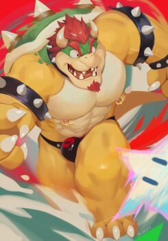 1boy armlet artist_name bara bare_pectorals barefoot black_male_underwear bowser bowser_logo bracelet chasing claws collar commentary english_commentary facial_hair fangs furry furry_male goatee highres jewelry looking_down male_focus male_underwear mario_(series) marius_tygo muscular muscular_male navel nintendo nipple_piercing nipples open_mouth pectoral_cleavage pectorals piercing red_hair shell signature spiked_armlet spiked_bracelet spiked_collar spiked_shell spikes super_star_(mario) thick_eyebrows topless_male turtle_shell underwear