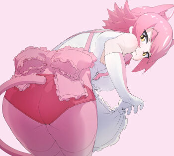 1girl absurdres animal_ears apron back bare_shoulders elbow_gloves extra_ears gloves highres kemono_friends looking_at_viewer looking_back lowlandgorilla panther_ears panther_girl panther_tail panties pantyhose peach_panther_(kemono_friends) pink_background pink_hair shirt short_hair simple_background sleeveless sleeveless_shirt solo tail underwear yellow_eyes