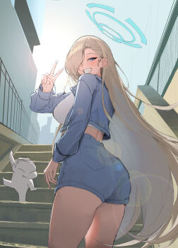 1boy 1girl absurdres ass asuna_(blue_archive) blonde_hair blue_archive blue_eyes blue_halo blue_jacket blush breasts denim denim_jacket denim_shorts doodle_sensei_(blue_archive) fang ggz_(gguzal_95) grin hair_over_one_eye halo highres jacket large_breasts long_hair looking_at_viewer open_clothes open_jacket sensei_(blue_archive) shirt shorts smile stairs thighs v very_long_hair white_shirt