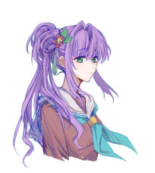 1girl aqua_neckerchief brown_dress chinese_commentary closed_mouth commentary_request cropped_torso dress flower green_eyes hair_flower hair_intakes hair_ornament hasu_no_sora_school_uniform highres light_smile link!_like!_love_live! lone_nape_hair long_sidelocks long_sleeves looking_at_viewer love_live! neckerchief otomune_kozue purple_hair red_flower sailor_collar sailor_dress school_uniform sidelocks solo tassel tassel_hair_ornament virtual_youtuber white_sailor_collar winter_uniform yrxy_settingsun