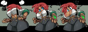 1girl absurdres areola_slip bouncing_breasts breasts bursting_breasts cleavage curvy dark-skinned_female dark_skin flying_button from_below giovanna_(guilty_gear) guilty_gear highres jellot large_areolae large_breasts no_bra red_hair sequential shiny_skin underboob wardrobe_malfunction wide_hips